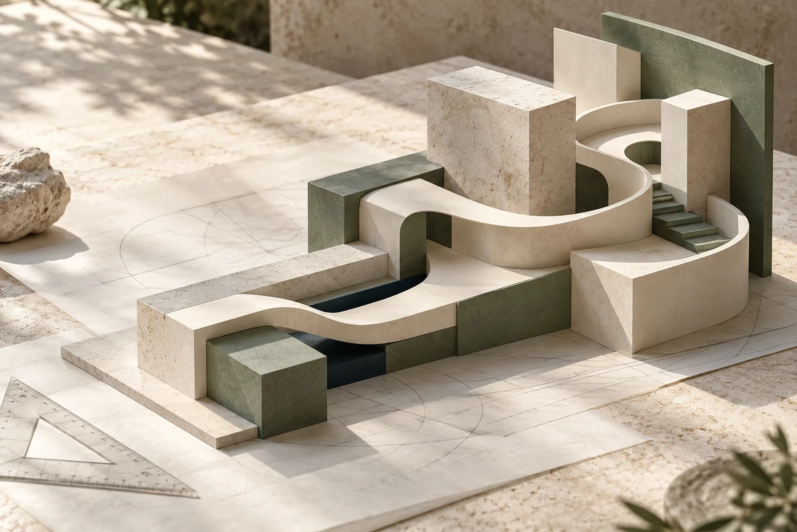 Sculptural stone and sage architectural model with a continuous curved path over construction drawings